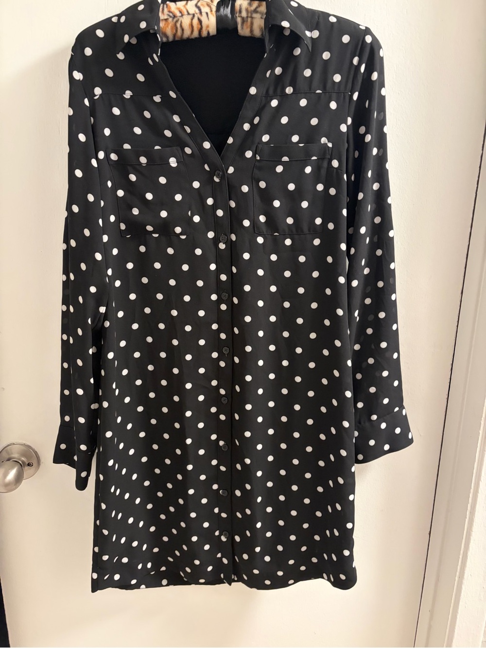 Express Black White Polka Dot Shirt Dress Button Front Long Sleeve XS